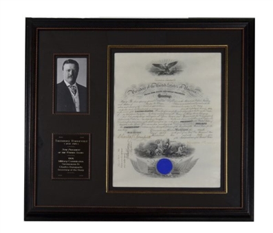 Theodore Roosevelt Signed Naval Commission Large Framed Piece    